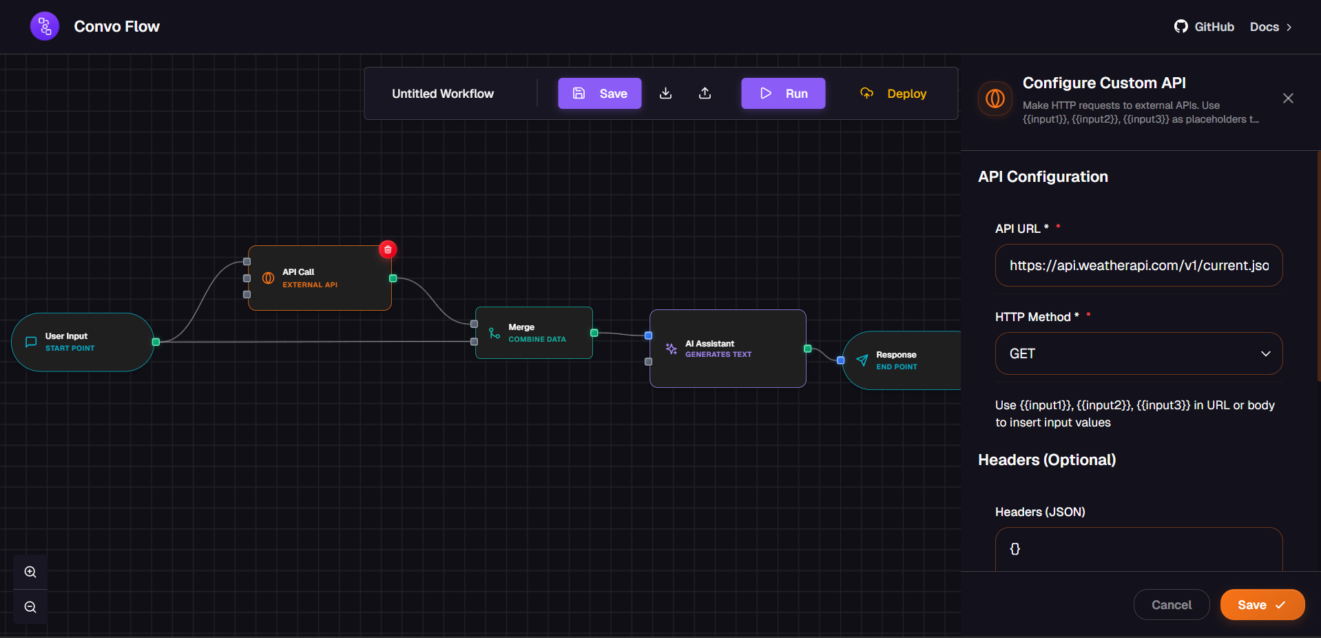 Custom API Node configuration panel showing URL, method, headers, and body options